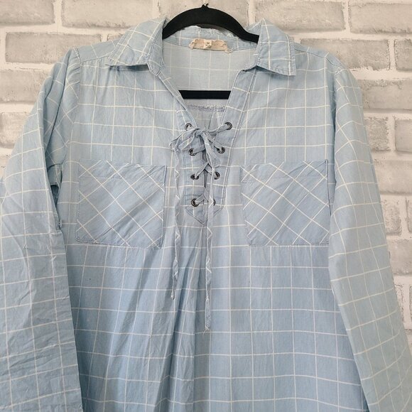 En Creme Denim Lace Up Front Tunic Mini Dress Boho Hippie Festival Medium - Picture 6 of 7